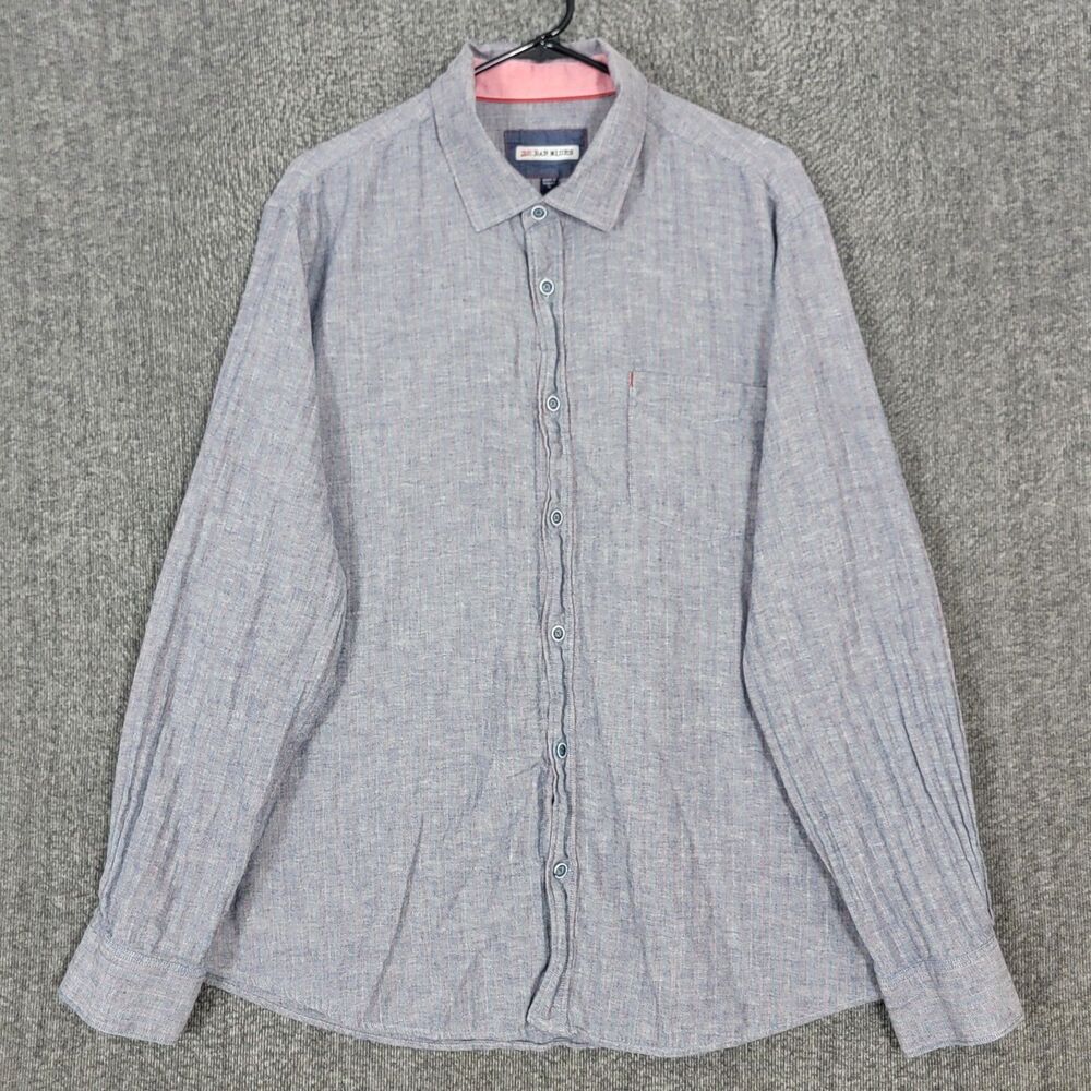 32 Bar Blues Shirt Mens XL Blue Striped Herringbone Cotton Linen Button Front